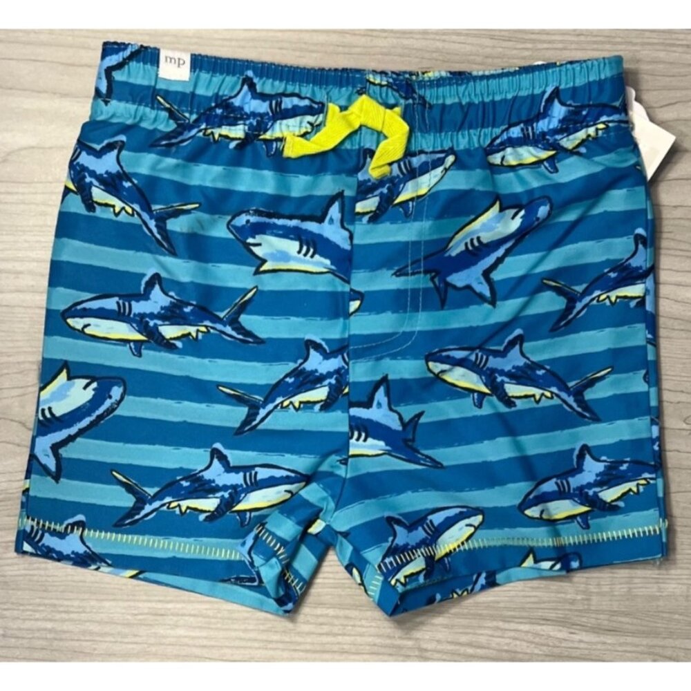 Mud Pie 6m 9m 12m 18 blue Shark stripe swim trunks bathing suit beach lake pool